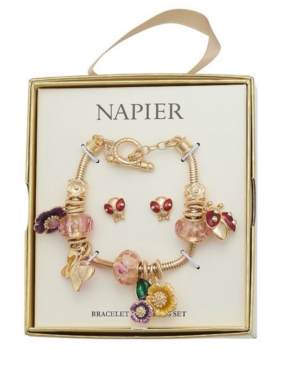 Napier Gold-Tone Floral Charm Bracelet and Earring Set • NEW IN BOX